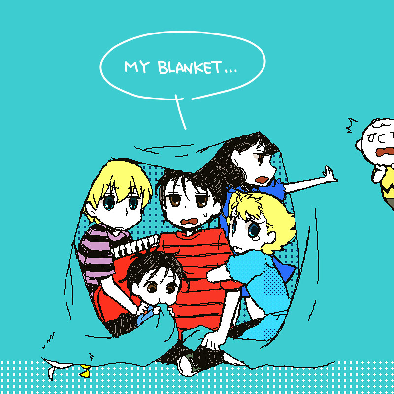 2girls, 4boys, aqua_background, black_hair, blonde_hair, brother_and_sister, brothers, charles_schulz_(style)