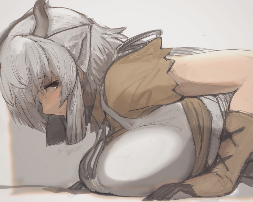 1girl, animal_ears, breast_rest, breasts, collared_shirt, dress, exercise, from_side