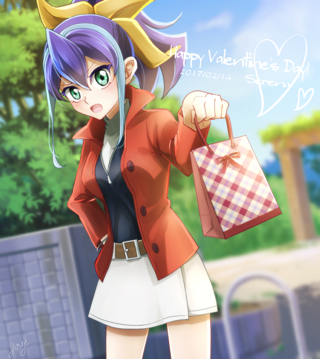 1girl, alternate_costume, blue_hair, green_eyes, high_ponytail, multicolored_hair, serena_(yuu-gi-ou_arc-v), valentine