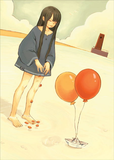 barefoot, beach, bird, black_hair, cloud, clouds, hayeon, legs, lighthouse, long_hair, original, paper_boat, petals, seagull, sky, solo, wading