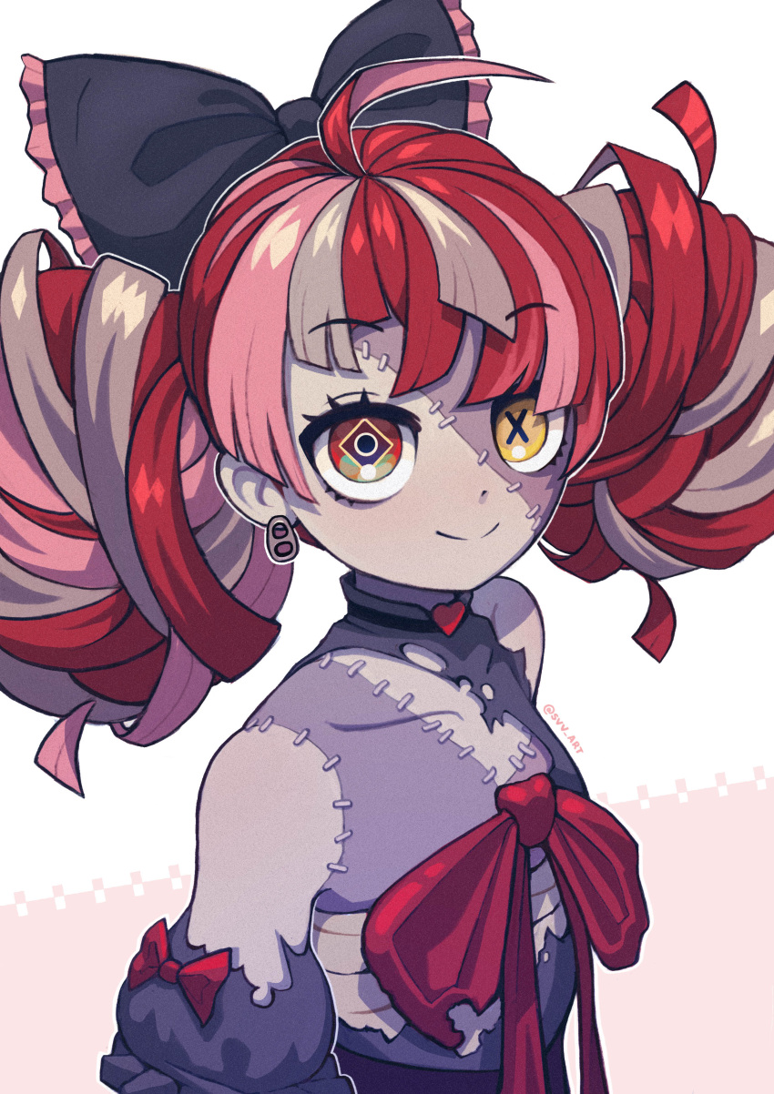 1girl, absurdres, diamond-shaped_pupils, diamond_(shape), earrings, eyebrows_visible_through_hair, grey_hair, heterochromia