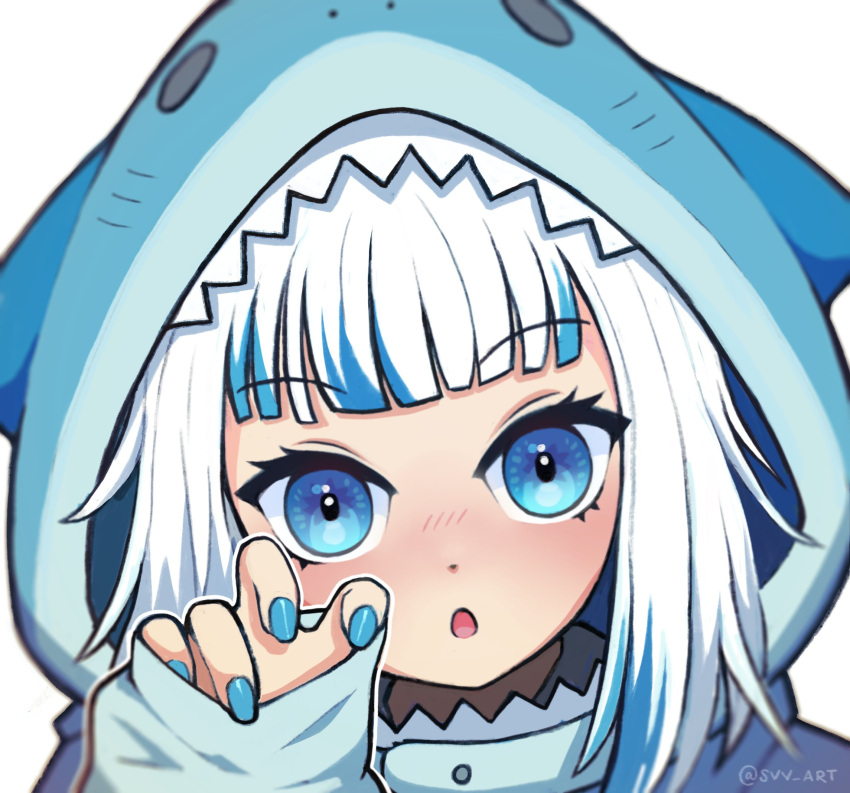 1girl, animal_costume, animal_hood, blue_eyes, blue_hair, blush, eyebrows_visible_through_hair, gawr_gura