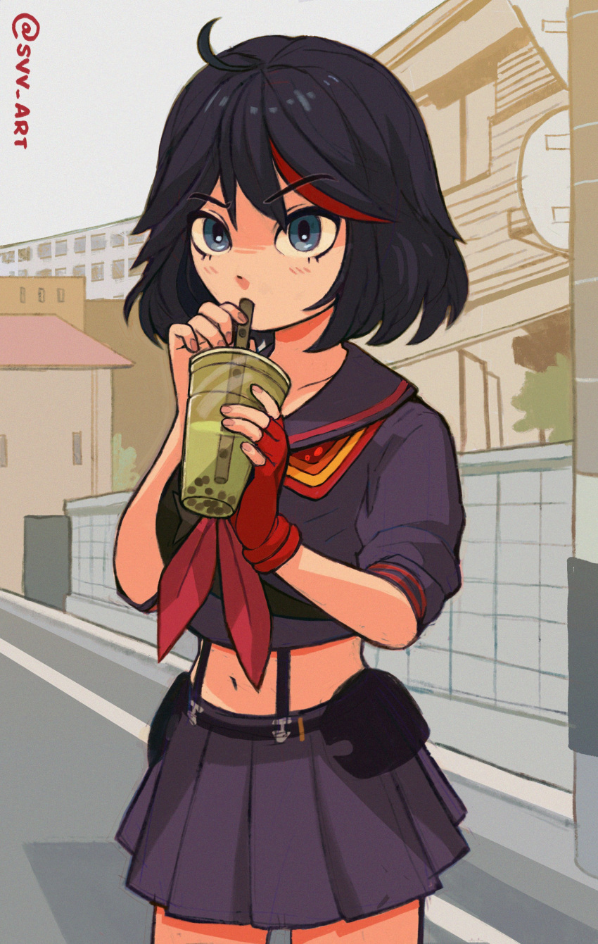 1girl, absurdres, black_hair, black_sailor_collar, black_shirt, black_skirt, blue_eyes, bubble_tea