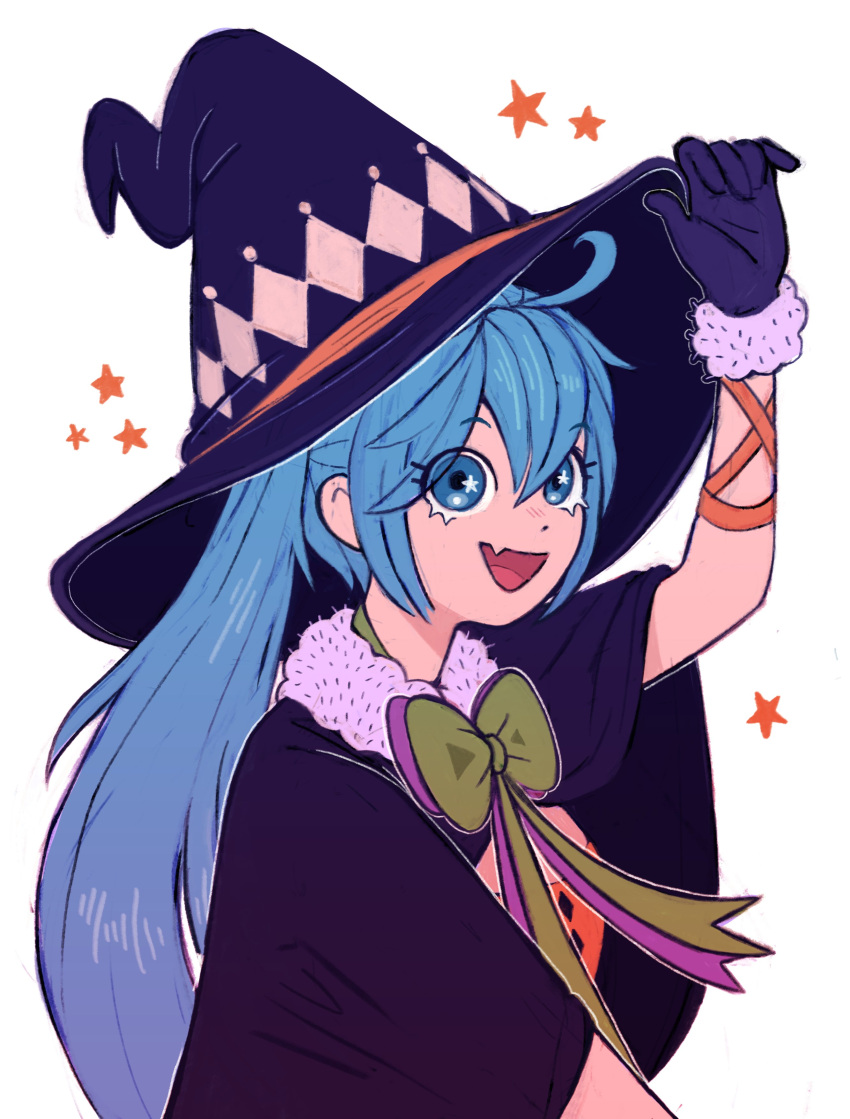 1girl, absurdres, aqua_hair, arm_up, black_gloves, black_headwear, blue_eyes, fang