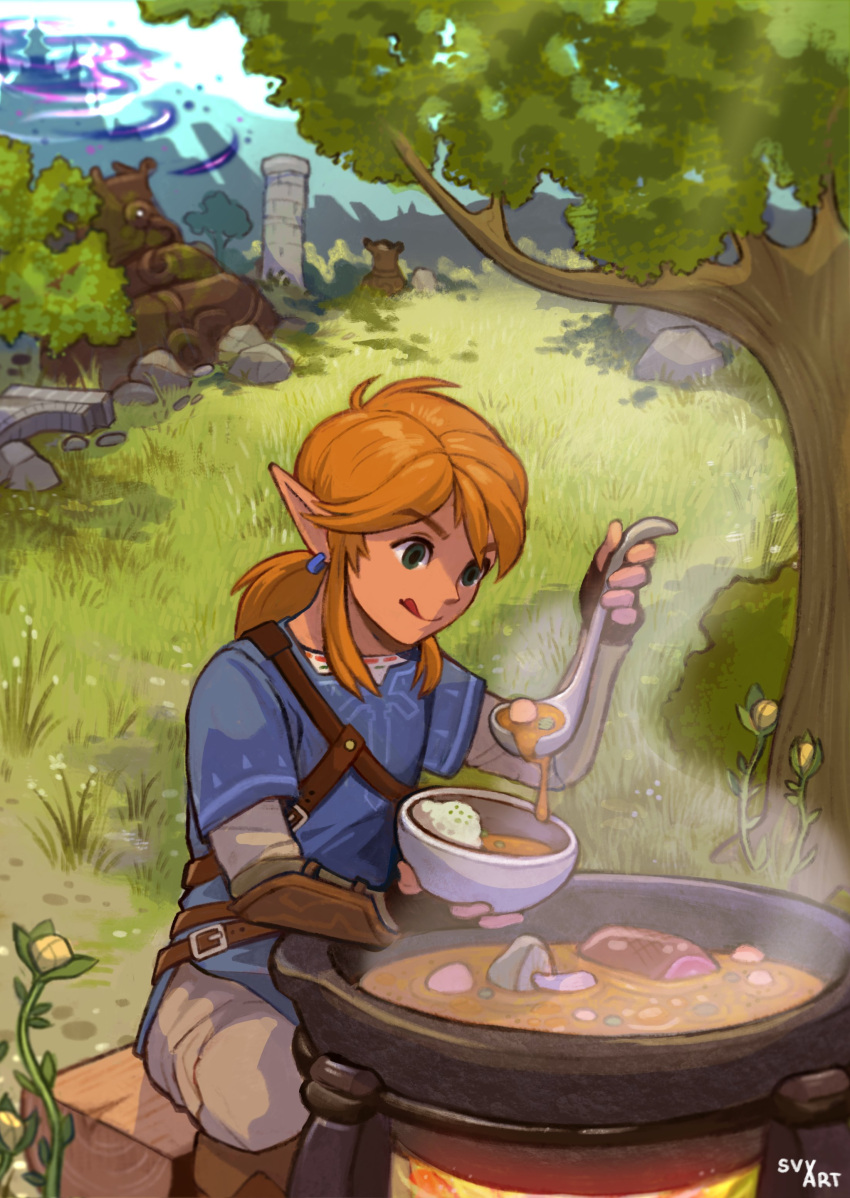 1boy, absurdres, black_eyes, blonde_hair, blue_shirt, bowl, cooking, day
