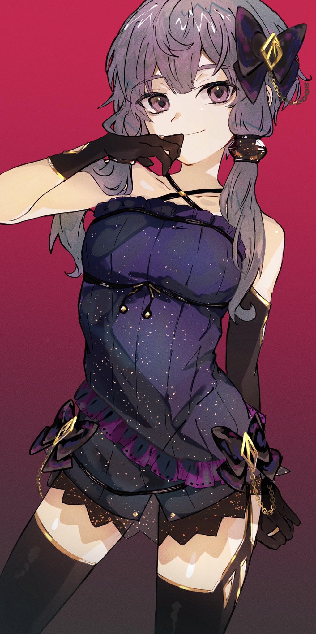 1girl, bangs, black_gloves, black_legwear, bow, breasts, dress, elbow_gloves