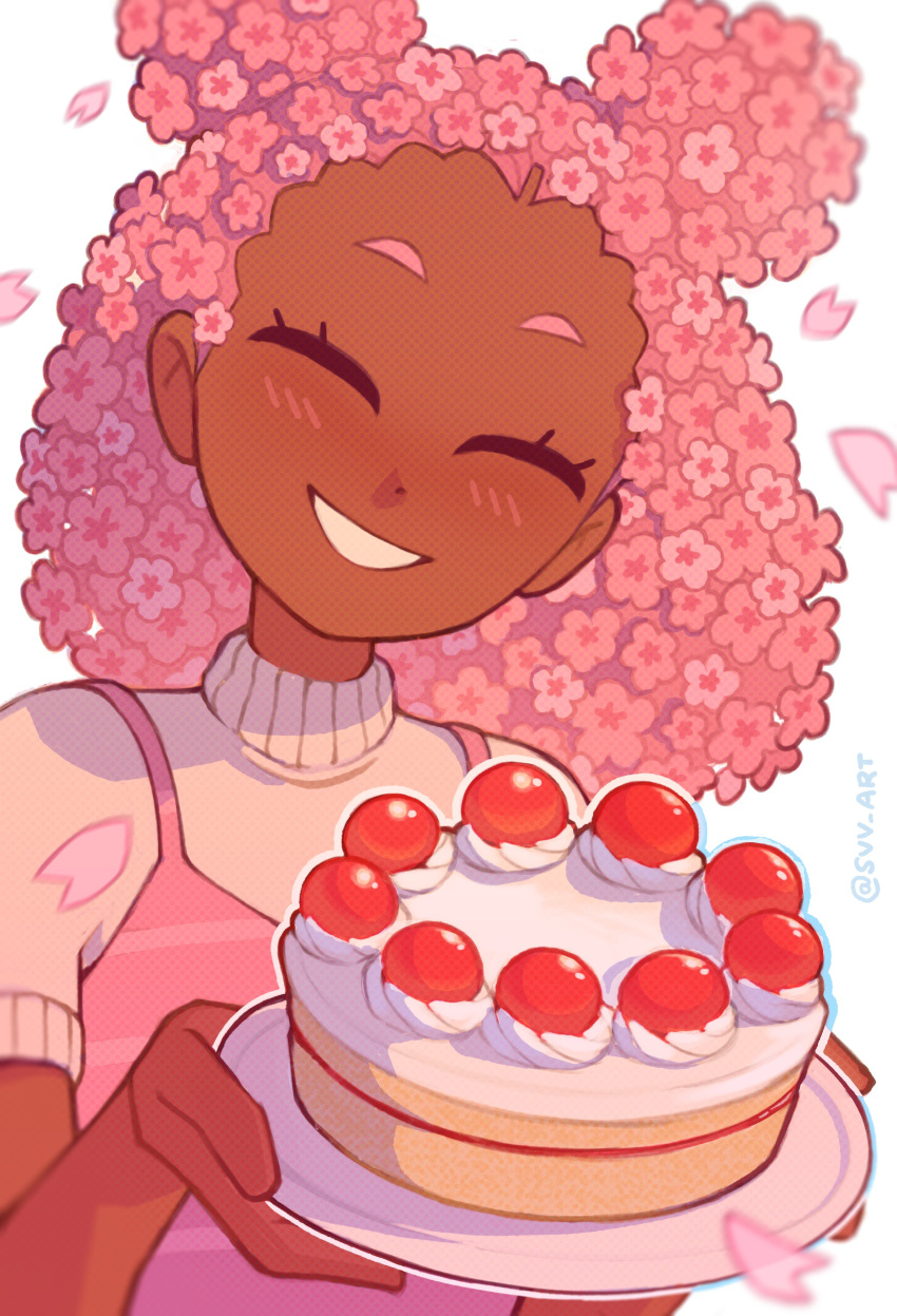 1girl, absurdres, cake, closed_eyes, dark_skin, dark-skinned_female, double_bun, flower