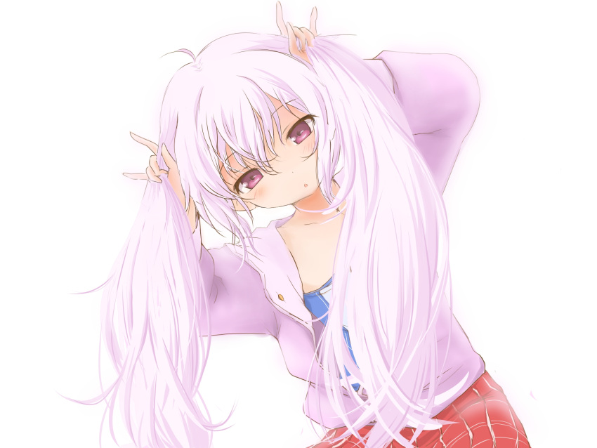 1girl, ahoge, azur_lane, blush, hair_down, highres, jacket, laffey_(azur_lane), long_hair, looking_at_viewer, no_headwear, open_mouth, pink_eyes, pink_hair, skirt, solo, tsurupeta_(pikapika45), twintails