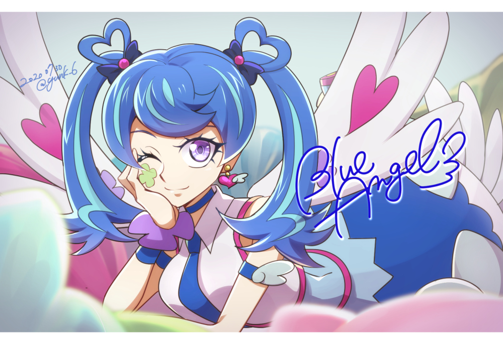 1girl, blue_angel, exposed_shoulders, multicolored_hair, twintails, yny, yuu-gi-ou, yuu-gi-ou_vrains, zaizen_aoi