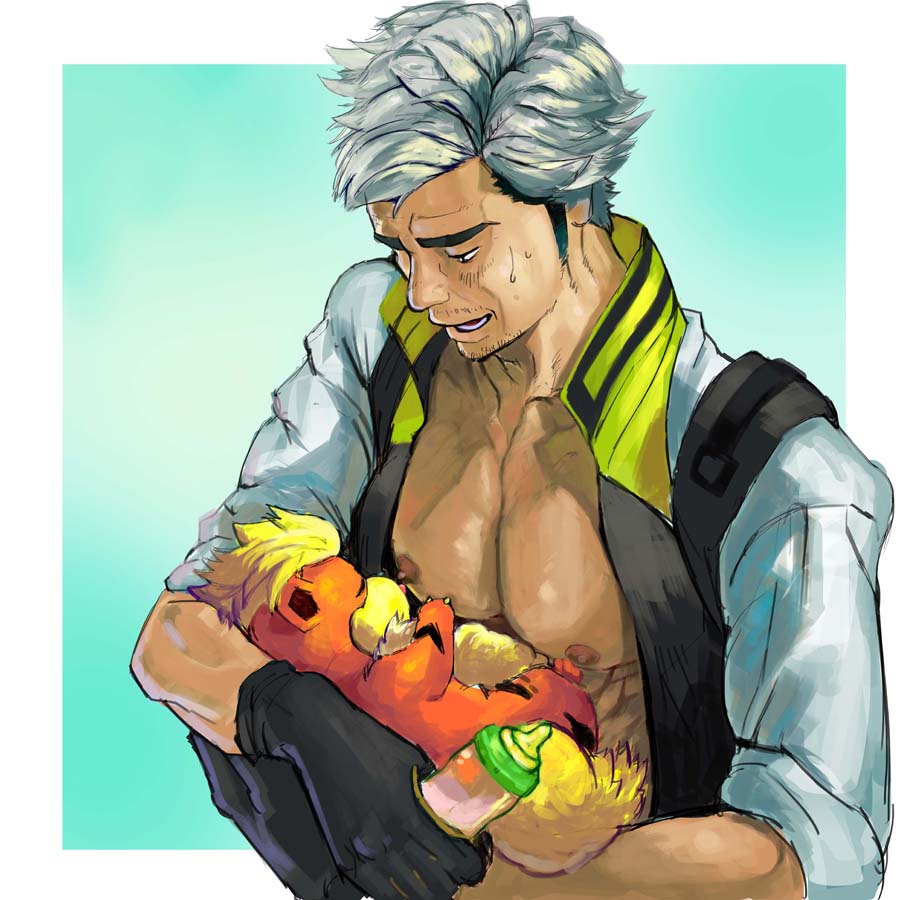 1boy, baby_bottle, black_gloves, black_hair, border, bottle, coat, commentary_request