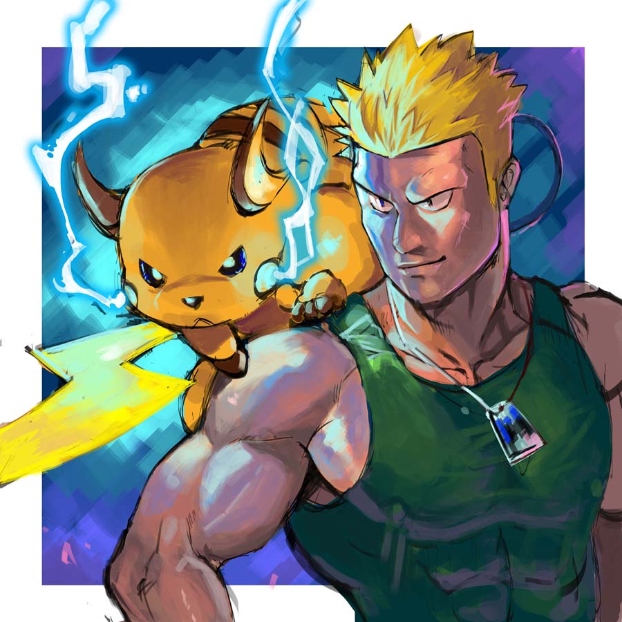 1boy, bare_arms, biceps, black_eyes, blonde_hair, closed_mouth, collarbone, commentary_request