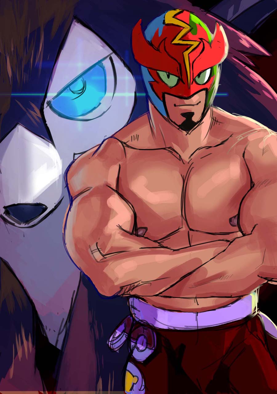 1boy, closed_mouth, collarbone, commentary_request, crossed_arms, facial_hair, gen_7_pokemon, goatee, highres, luchador_mask, lycanroc, lycanroc_(midday), male_focus, masked_royal, navel, nipples, pants, pokemon, pokemon_(creature), pokemon_(game), pokemon_sm, red_pants, shirtless, sketch, smile, tofu_(pixiv10770344)