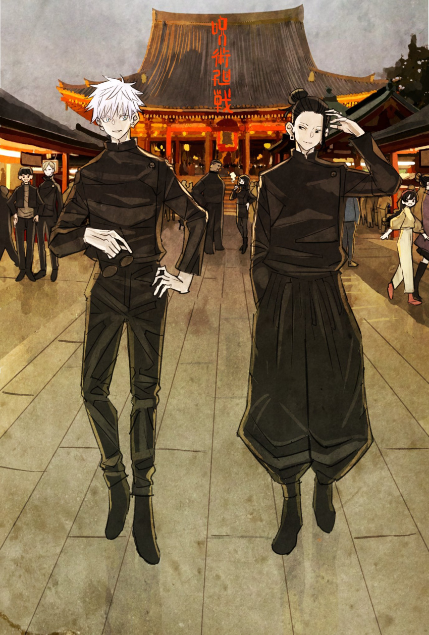 3girls, 5boys, amanai_riko, architecture, arm_up, bangs, black_eyes, black_footwear