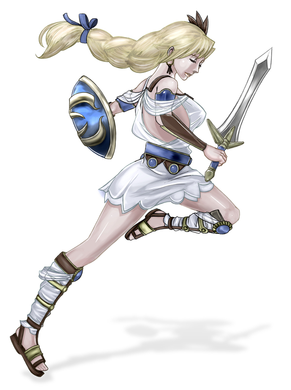 bare_shoulders, blonde_hair, braid, earrings, hair_ornament, jewelry, joe, miniskirt, sandals, shield, simple_background, skirt, solo, sophitia_alexandra, soul_calibur, soul_calibur_iv, sword, weapon