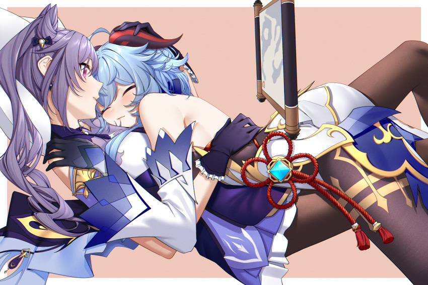 2girls, ^_^, ahoge, bare_shoulders, black_legwear, blue_hair, blush, bow