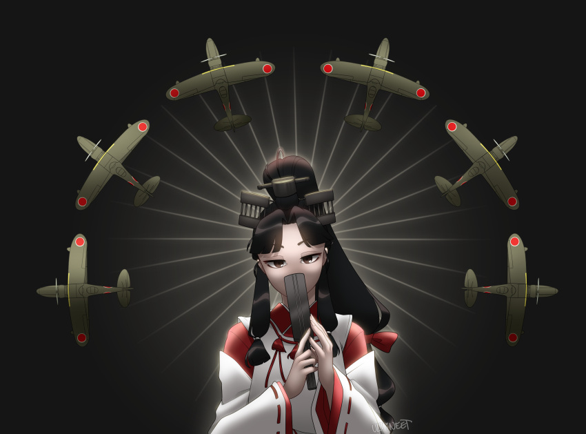 aircraft, airplane, black_background, black_hair, brown_eyes, fan, folding_fan, hair_tie, headgear, high_ponytail, highres, imperial_japanese_navy, japanese_clothes, kantai_collection, kariginu, long_hair, miko, multi-tied_hair, nisshin_(kancolle), red_ribbon, ribbon, ribbon_trim, thick_eyebrows, ultineet, very_long_hair