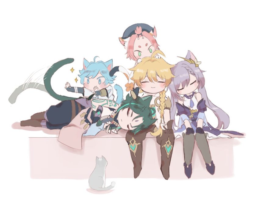 2girls, 3boys, ^_^, aether_(genshin_impact), animal_ears, blonde_hair, braid, braided_ponytail, cabbie_hat, cat, cat_ears, chongyun_(genshin_impact), closed_eyes, diona_(genshin_impact), double_bun, dress, finn., flower, genshin_impact, gloves, hair_bun, hair_ornament, hat, jewelry, keqing_(genshin_impact), lying, multiple_boys, multiple_girls, necklace, pants, pantyhose, sitting, sleeping, sparkle, tied_hair, traveler_(genshin_impact), twintails, xiao_(genshin_impact)