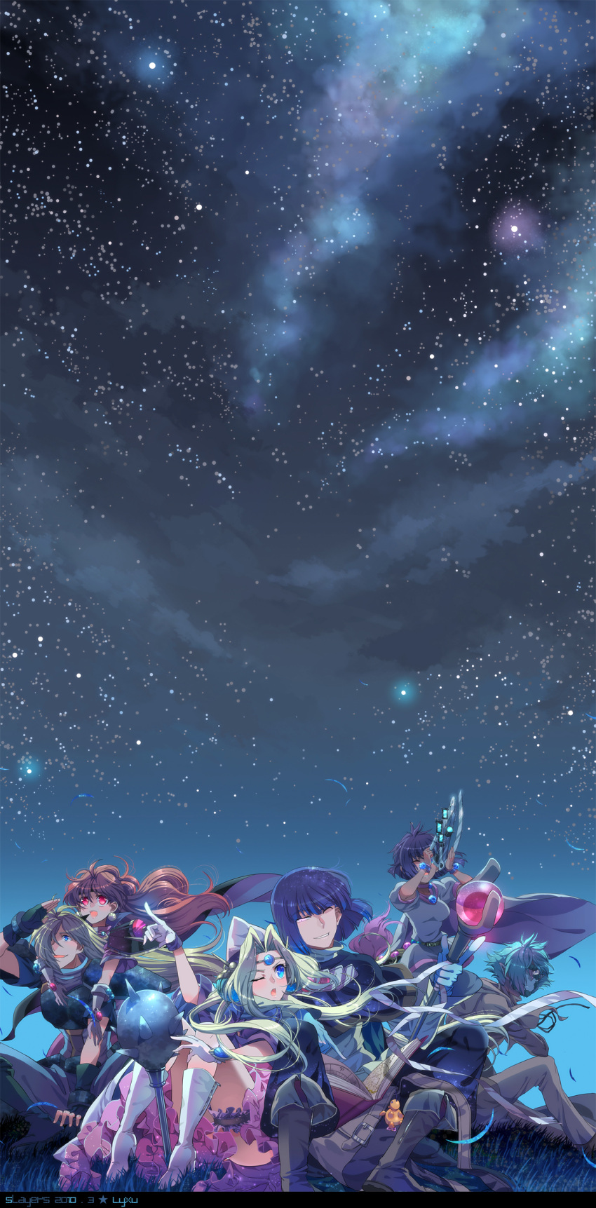 3boys, 3girls, absurdres, amelia_wil_tesla_seyruun, armor, blue_background, blue_eyes, blush