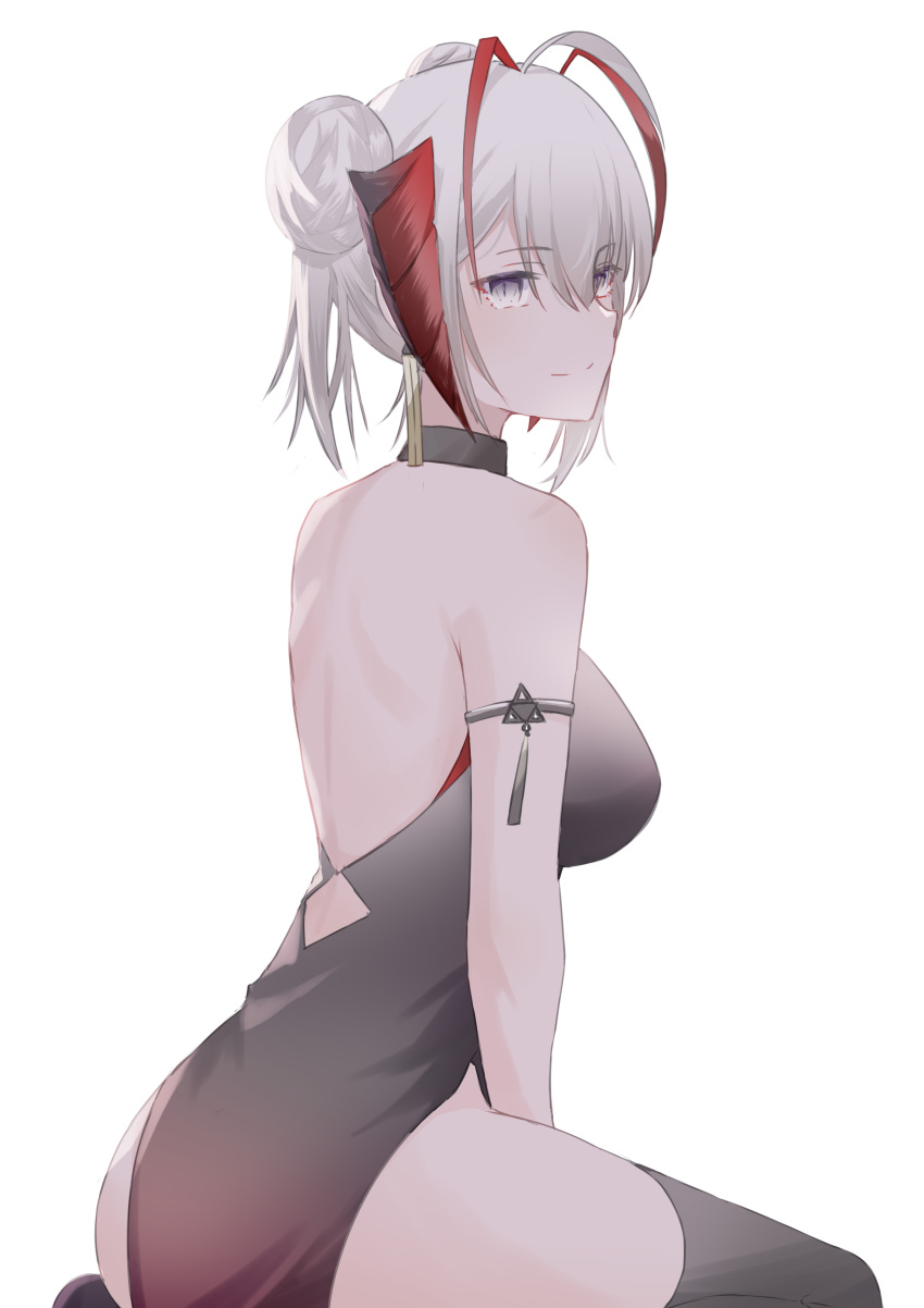 1girl, absurdres, ahoge, alternate_costume, alternate_hairstyle, antennae, arknights, backless_dress