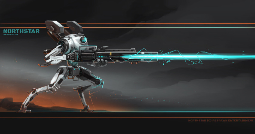 a_motorcycle_with_teeth, blue_eyes, character_name, english_commentary, firing, from_side, glowing, glowing_eye, gun, holding, holding_gun, holding_weapon, mecha, northstar_(titanfall), one-eyed, science_fiction, solo, titanfall_(series), titanfall_2, weapon