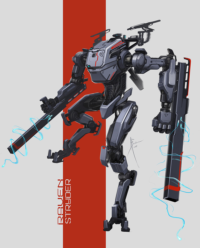 a_motorcycle_with_teeth, character_name, clenched_hands, dual_wielding, electricity, english_commentary, floating, holding, holding_weapon, mecha, no_humans, solo, stryder_(titanfall), titanfall, titanfall_(series), tonfa, weapon