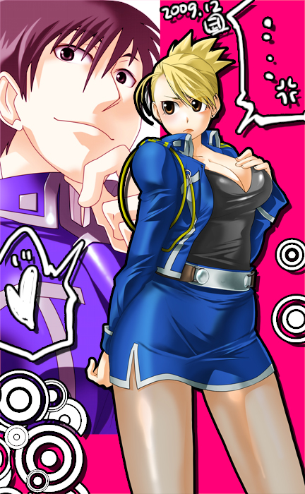 brown_eyes, brown_hair, fullmetal_alchemist, miniskirt, pantyhose, riza_hawkeye, roy_mustang, skirt, takehide, uniform