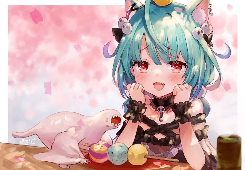 1girl, ahoge, animal_ear_fluff, animal_ears, bangs, bare_shoulders, bird, blue_hair, blush, cat_ears, cherry_blossoms, chick, choker, cup, dango, dress, ear_piercing, eyebrows_visible_through_hair, fang, food, frilled_choker, frilled_dress, frills, gradient_hair, green_hair, green_tea, hair_ornament, hair_ribbon, head_on_hand, heart, heart-shaped_pupils, highres, hololive, khezu_whelp, low_twintails, medium_hair, monster_hunter_(series), monster_hunter_rise, multicolored_hair, open_mouth, petals, piercing, piyoko_(uruha_rushia), piyoyanagi, pom_pom_(clothes), red_eyes, ribbon, signature, skull_hair_ornament, smile, symbol-shaped_pupils, table, tea, twintails, uruha_rushia, virtual_youtuber, wagashi, yunomi