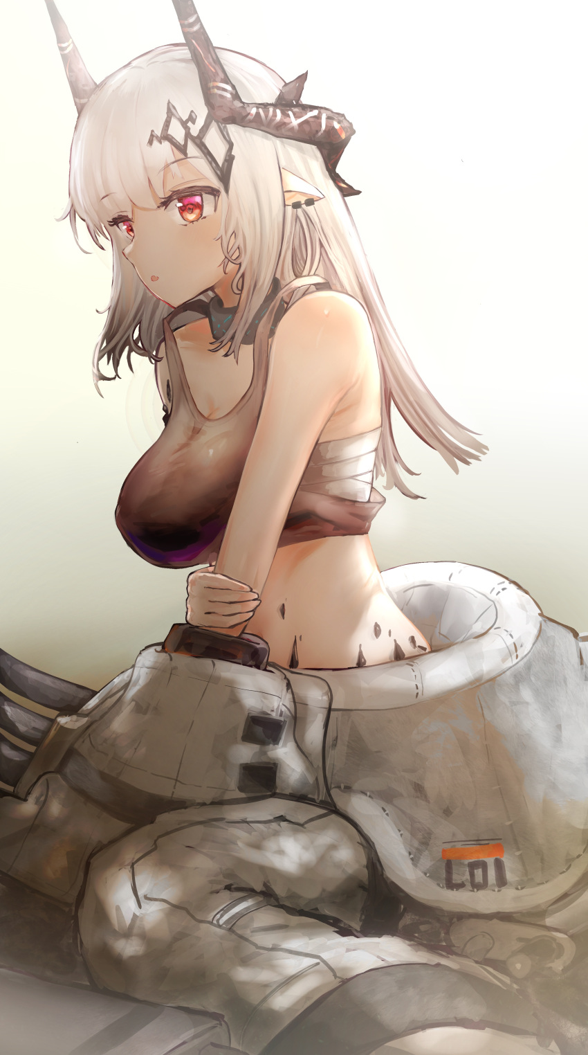 1girl, absurdres, arknights, bandages, bangs, bare_arms, bare_shoulders, black_tank_top, breasts, commentary_request, crop_top, eyebrows_visible_through_hair, gradient, gradient_background, grey_background, hachiko_(0088), highres, horns, large_breasts, long_hair, midriff, mudrock_(arknights), oripathy_lesion_(arknights), parted_lips, partial_commentary, pointy_ears, red_eyes, sarashi, silver_hair, sitting, solo, tank_top, white_background