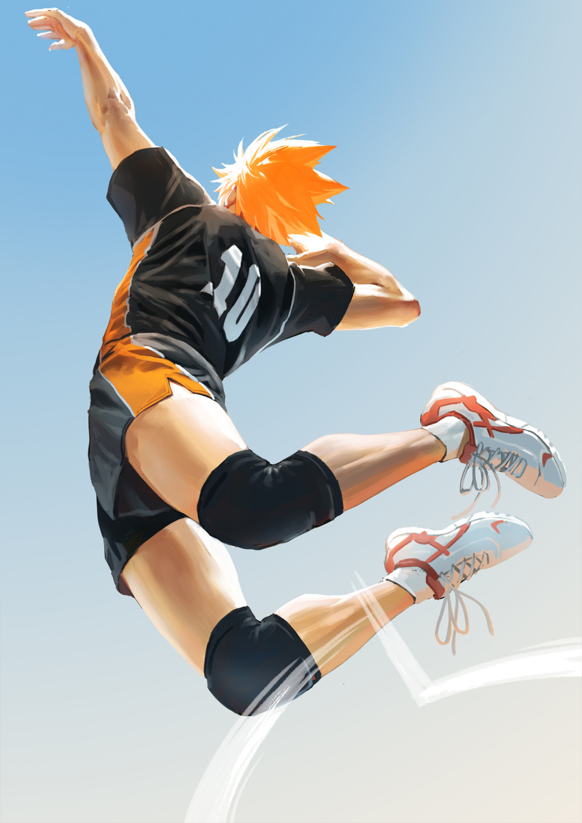 1boy, arm_up, black_shirt, black_shorts, commentary_request, from_below, haikyuu!!, hand_up