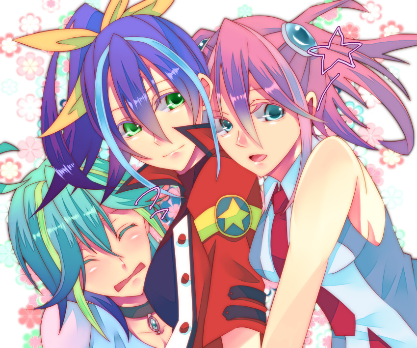 3girls, ahoge, akisaki, blue_hair, bracelet_girls, choker, exposed_shoulders, green_hair