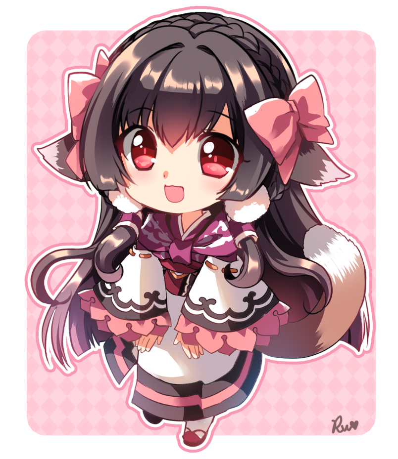 1girl, :d, animal_ears, argyle, argyle_background, bangs, black_hair, bow