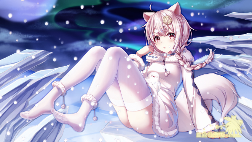 1girl, animal_ears, braid, breasts, clock_hair_ornament, dress, fang, fox_ears