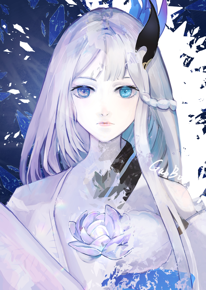 1girl, artist_name, bangs, blue_eyes, braid, colored_skin, flower, guobo