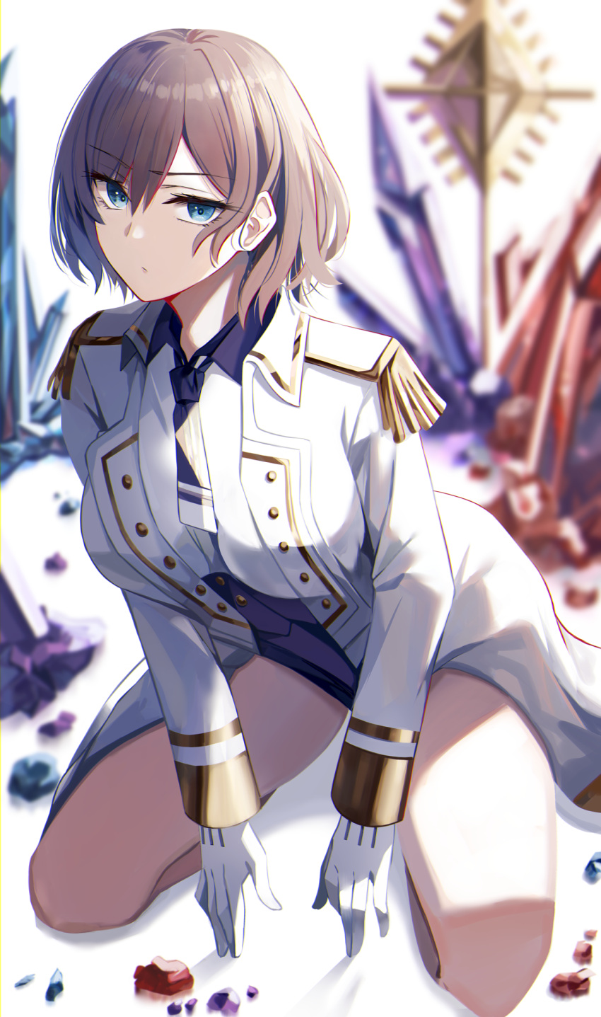 1girl, bangs, blue_eyes, breasts, epaulettes, gloves, highres, jacket