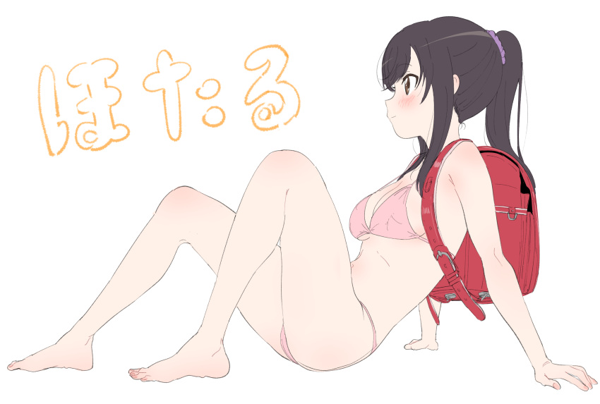 1girl, arm_support, backpack, bag, bare_arms, bare_legs, bare_shoulders, barefoot