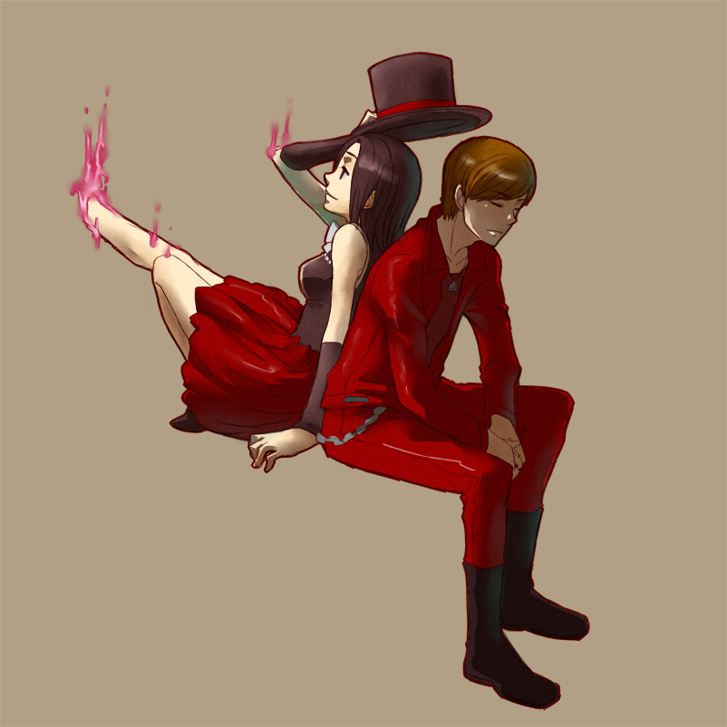 1boy, 1girl, arm_support, arm_warmers, back-to-back, bad_id, bad_pixiv_id, bangs, beige_background, black_footwear, black_hair, black_headwear, black_shirt, boots, bow, bowtie, brown_hair, chain, closed_eyes, closed_mouth, fading, full_body, hat_removed, headwear_removed, heart, heart_necklace, holding, holding_clothes, holding_hat, jacket, jewelry, kamen_rider, kamen_rider_w, leaning_back, leaning_on_person, leg_up, lily_shirogane, long_hair, long_sleeves, necklace, pants, parted_bangs, pendant, red_jacket, red_pants, red_ribbon, red_skirt, ribbon, shirt, shoes, simple_background, sitting, skirt, sleeveless, sleeveless_shirt, smile, suzu_(meabeasheep), swept_bangs, terui_ryuu, top_hat, white_bow, white_bowtie