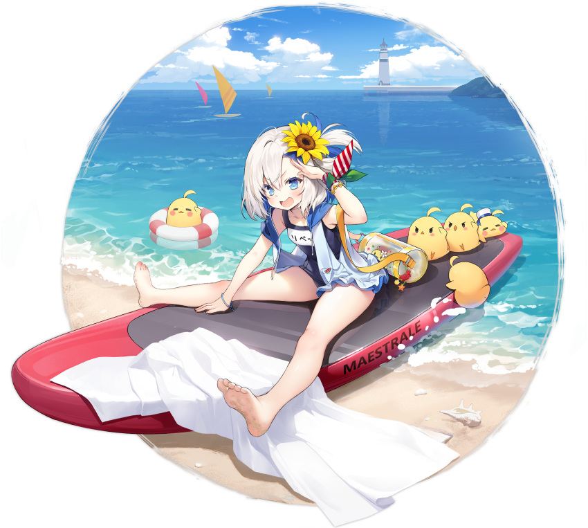 1girl, azur_lane, bare_arms, barefoot, beach, blue_eyes, blue_hair, blue_sky