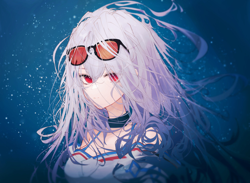 1girl, arknights, armpits, arms_up, bangs, bare_shoulders, black_choker, blue_background