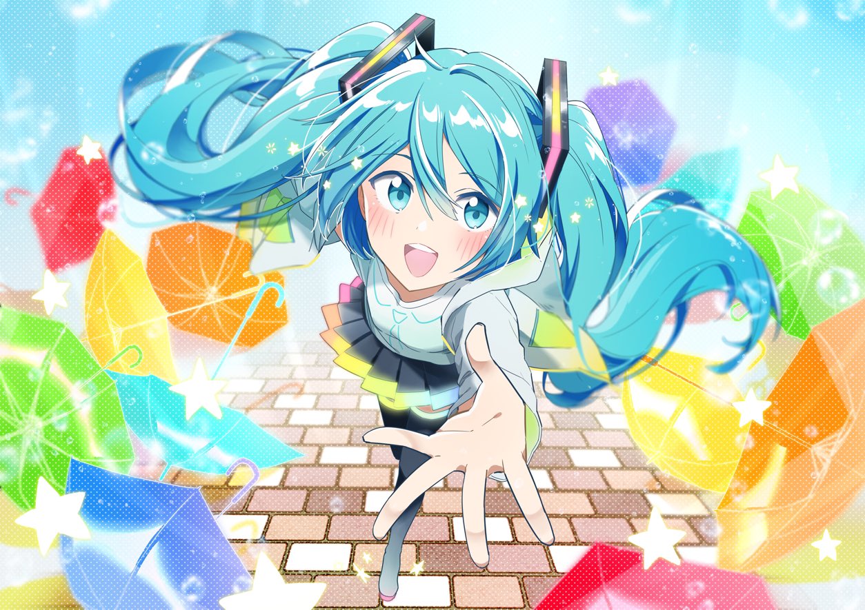 1girl, agonasubi, aqua_eyes, aqua_hair, aqua_umbrella, bent_over, black_legwear, black_skirt