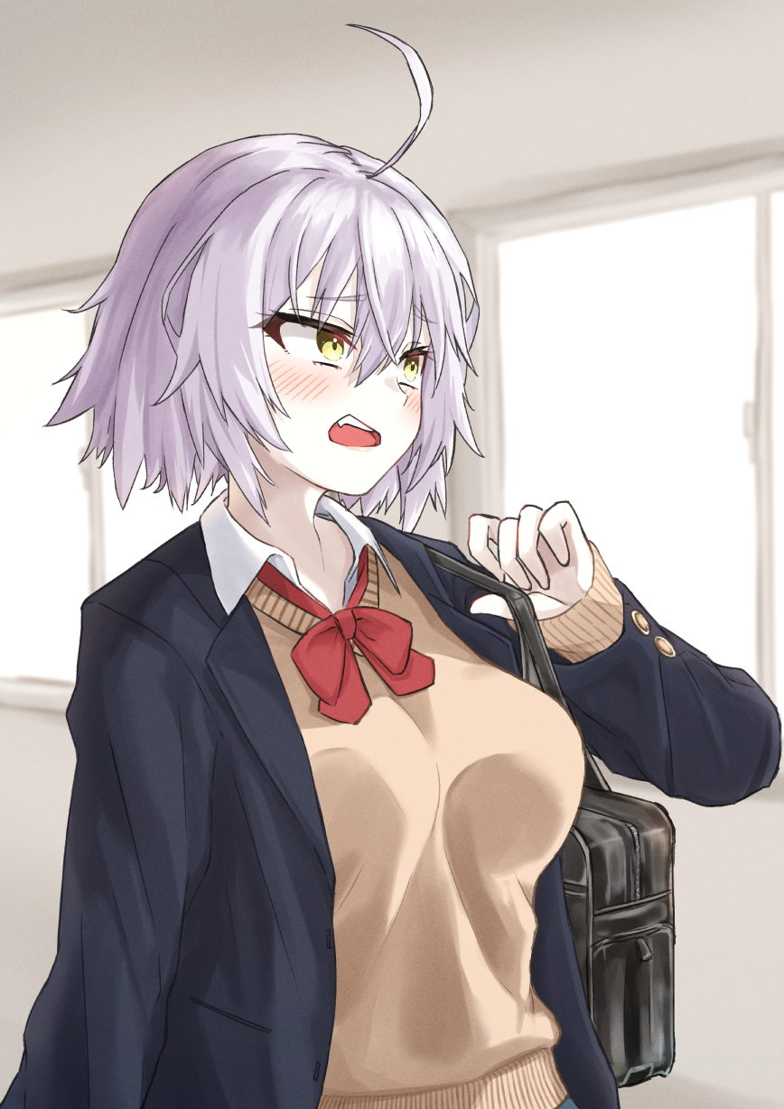 1girl, ahoge, alternate_costume, bangs, blazer, blue_jacket, blush, bow