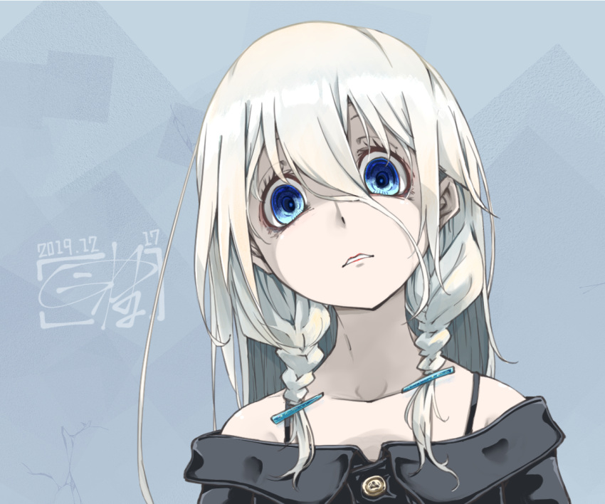 bare_shoulders, black_shirt, braid, cevio, commentary, dated, empty_eyes, hair_between_eyes