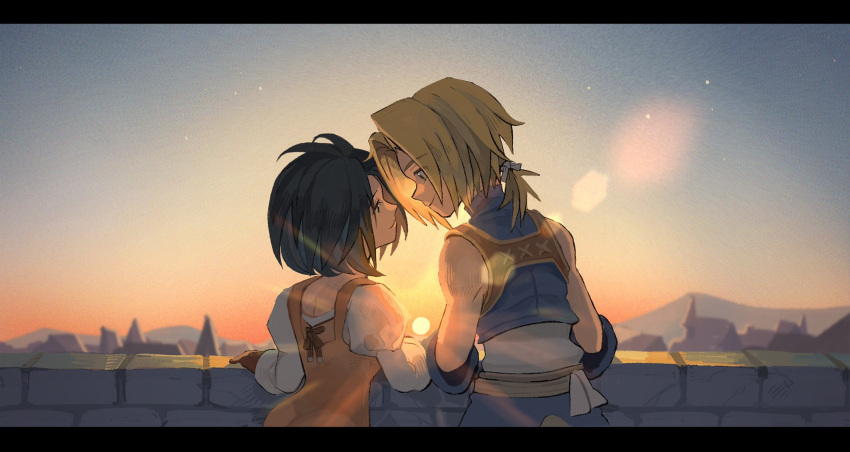 1boy, 1girl, azukimomonaka, black_hair, blonde_hair, brown_gloves, city, couple