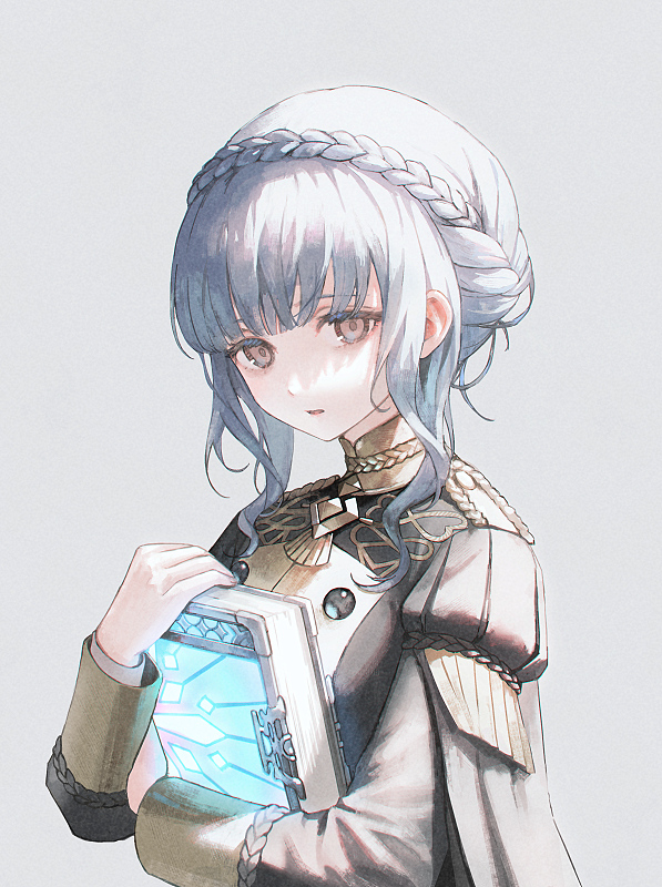 1girl, bangs, black_jacket, book, braid, commentary, crown_braid, eotyq58d6do16cs