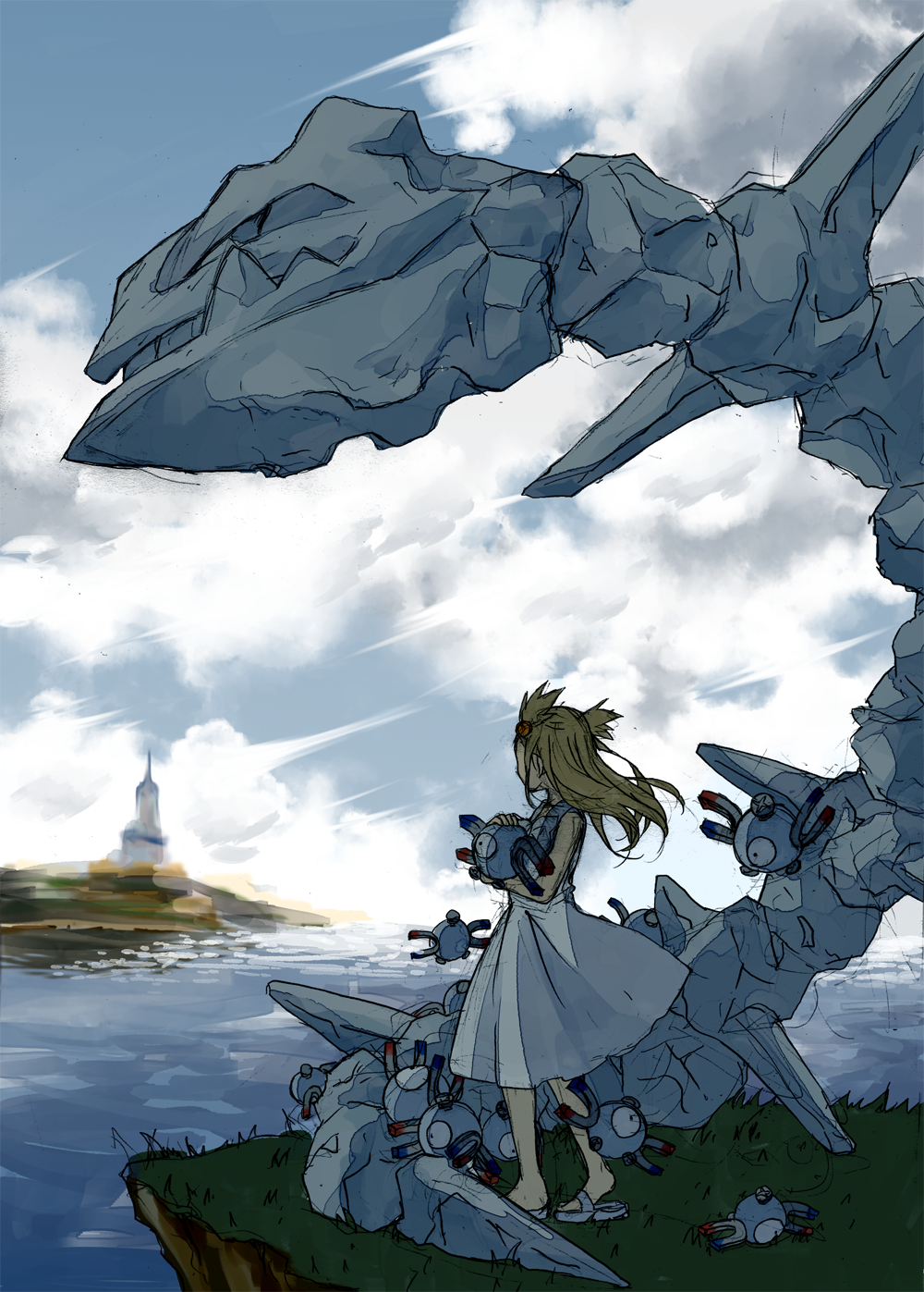 1girl, bangs, building, clouds, cloudy_sky, dress, from_side, full_body