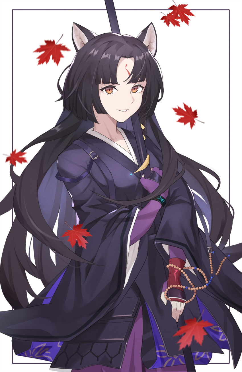 1girl, animal_ears, arknights, bangs, black_hair, black_kimono, brown_eyes, commentary, cowboy_shot, facial_mark, fingerless_gloves, forehead_mark, gloves, grin, highres, japanese_clothes, kimono, leaf, long_hair, looking_at_viewer, ni_dgs, parted_lips, purple_gloves, saga_(arknights), smile, solo, very_long_hair, white_background