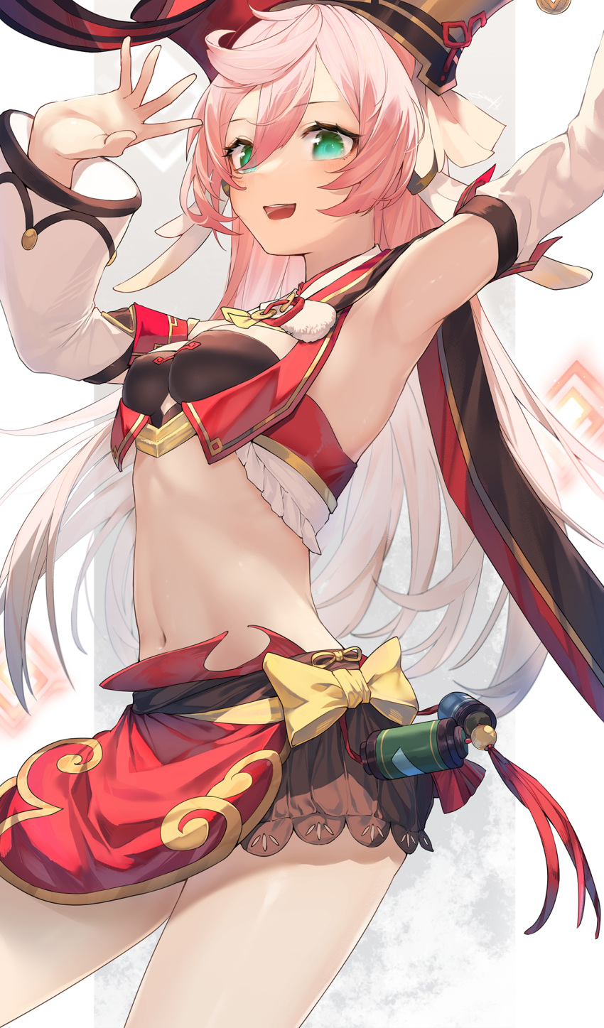 1girl, :d, armpits, arms_up, bare_shoulders, black_bra, black_shorts, blush