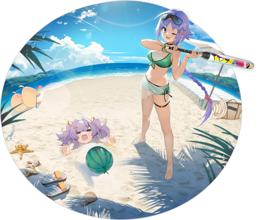 2girls, artist_request, azur_lane, bag, beach, beach_umbrella, bikini, blue_eyes