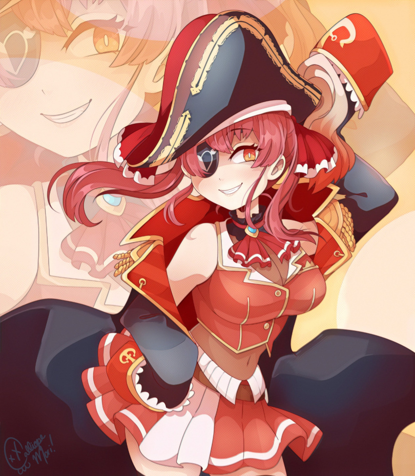 1girl, absurdres, breasts, coat, eyepatch, grin, hand_on_hip, hat, highres, hololive, houshou_marine, long_hair, looking_at_viewer, midriff, mori_calliope_(artist), red_eyes, redhead, skirt, sleeves_past_fingers, sleeves_past_wrists, smile, solo, virtual_youtuber, yellow_eyes, zoom_layer