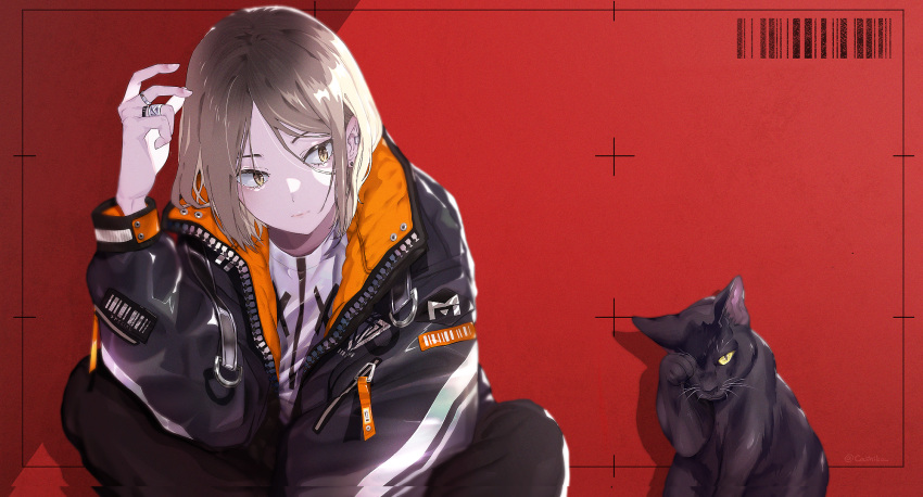 1boy, bangs, brown_eyes, brown_hair, cashiko, cat, ear_piercing, haikyuu!!, hair_between_eyes, head_tilt, highres, jacket, jewelry, kozume_kenma, looking_at_viewer, looking_away, male_focus, open_clothes, open_jacket, piercing, red_background, ring, short_hair, simple_background, solo, twitter_username