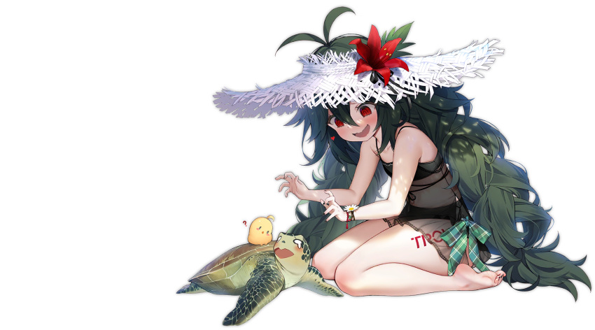 1girl, azur_lane, bare_shoulders, barefoot, bikini, black_bikini, blush, bow, byulzzi, feet, flower, green_hair, hat, hat_flower, heart, highres, leg_tattoo, long_hair, looking_at_viewer, manjuu_(azur_lane), official_alternate_costume, official_art, open_mouth, outdoors, red_bow, red_eyes, red_flower, see-through, sitting, smile, soles, solo, straw_hat, sun_hat, swimsuit, tattoo, thigh_tattoo, toes, torricelli_(azur_lane), torricelli_(shady_seaside)_(azur_lane), transparent_background, turtle, wariza